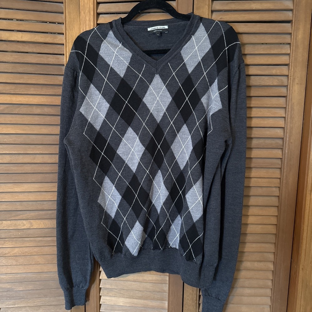 Men's Marco Fiori Made In Italy 100% Merino Wool Gray Argyle Sweater‎ Sz Large